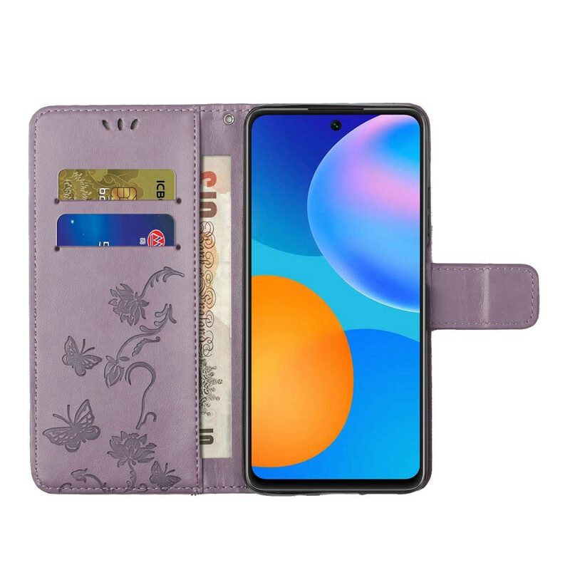 Leren Hoesje voor Samsung Galaxy A72 4G / A72 5G Met Ketting String Vlinders En Bloemen