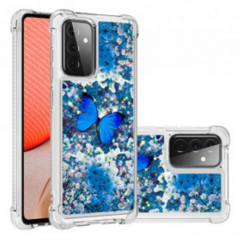 Telefoonhoesje voor Samsung Galaxy A72 4G / A72 5G Glitter Blauwe Vlinders