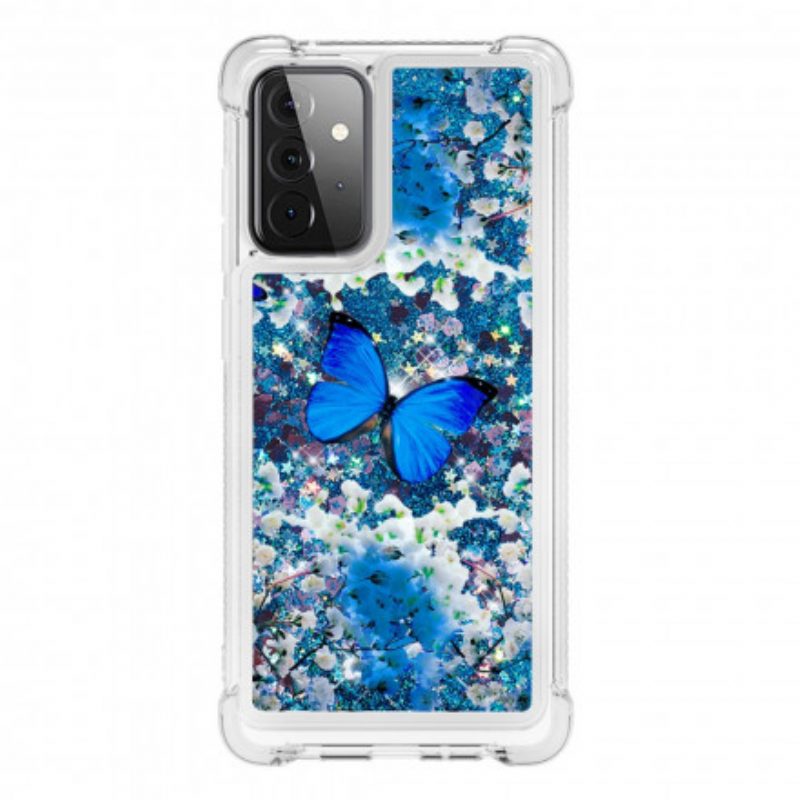 Telefoonhoesje voor Samsung Galaxy A72 4G / A72 5G Glitter Blauwe Vlinders