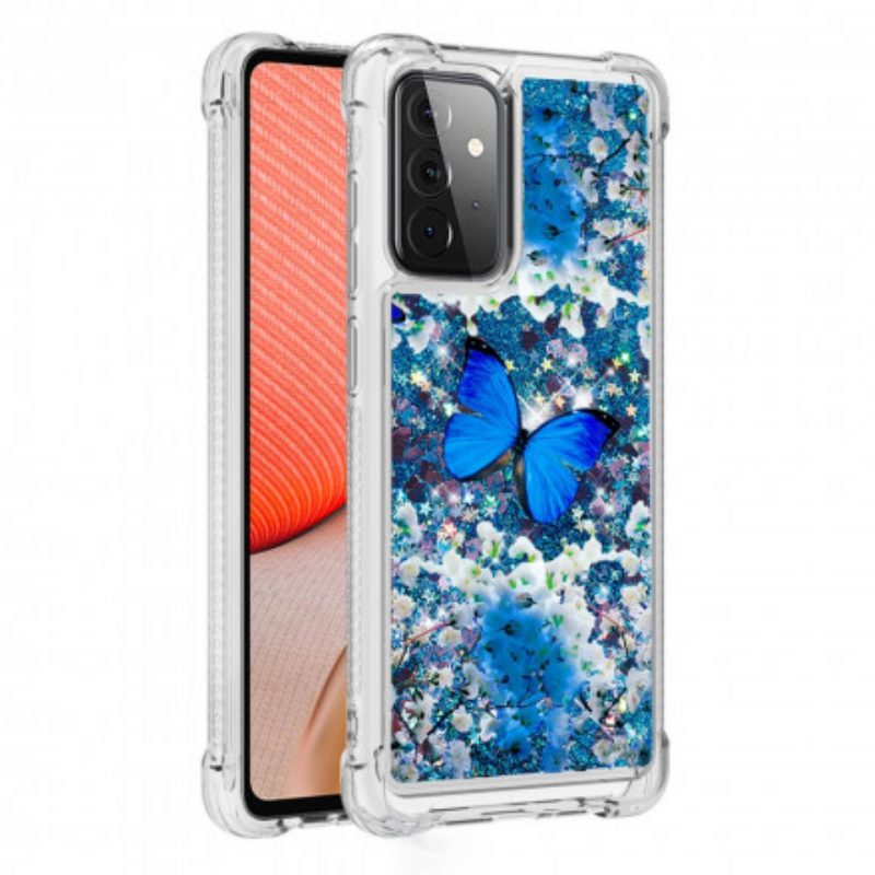 Telefoonhoesje voor Samsung Galaxy A72 4G / A72 5G Glitter Blauwe Vlinders