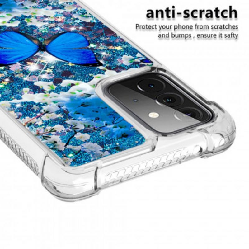 Telefoonhoesje voor Samsung Galaxy A72 4G / A72 5G Glitter Blauwe Vlinders