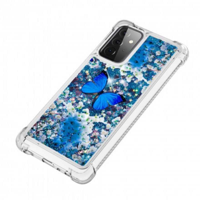 Telefoonhoesje voor Samsung Galaxy A72 4G / A72 5G Glitter Blauwe Vlinders