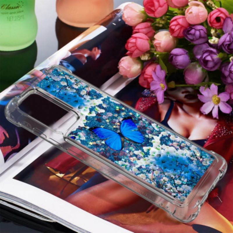 Telefoonhoesje voor Samsung Galaxy A72 4G / A72 5G Glitter Blauwe Vlinders