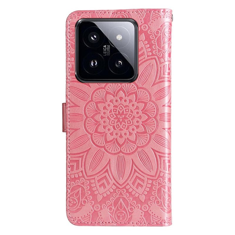 Bescherming Hoesje Xiaomi 14 Pro Zonnebloempatroon Met Riempje