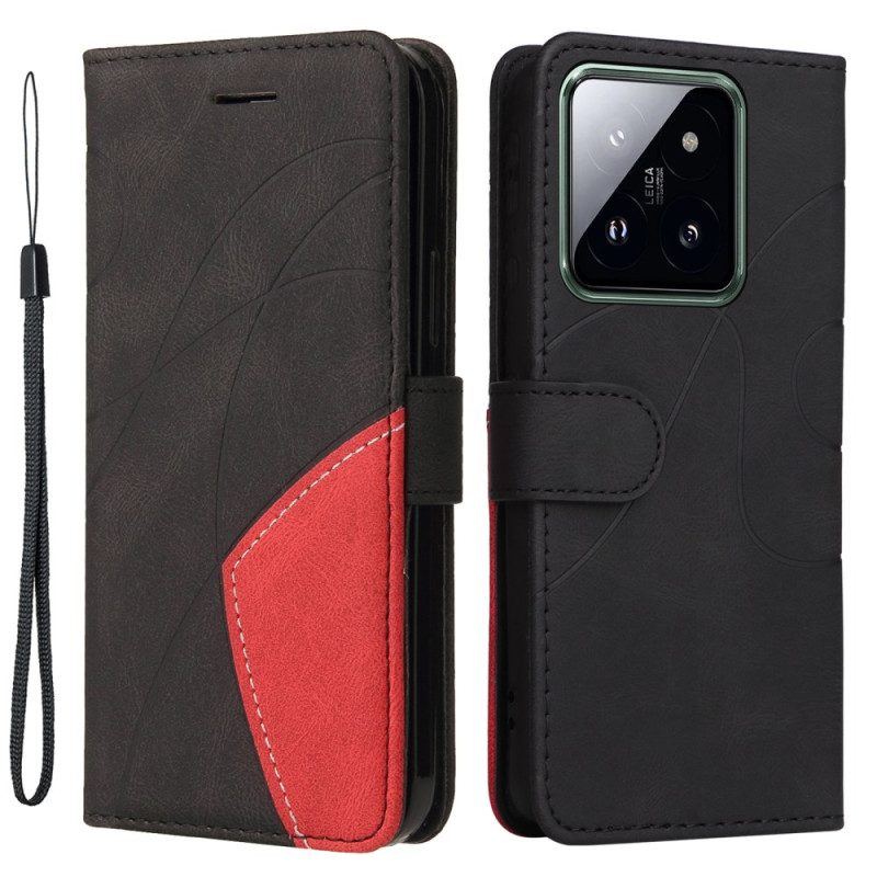 Flip Case Leren Xiaomi 14 Pro Tweekleurige Golvende Lijnen