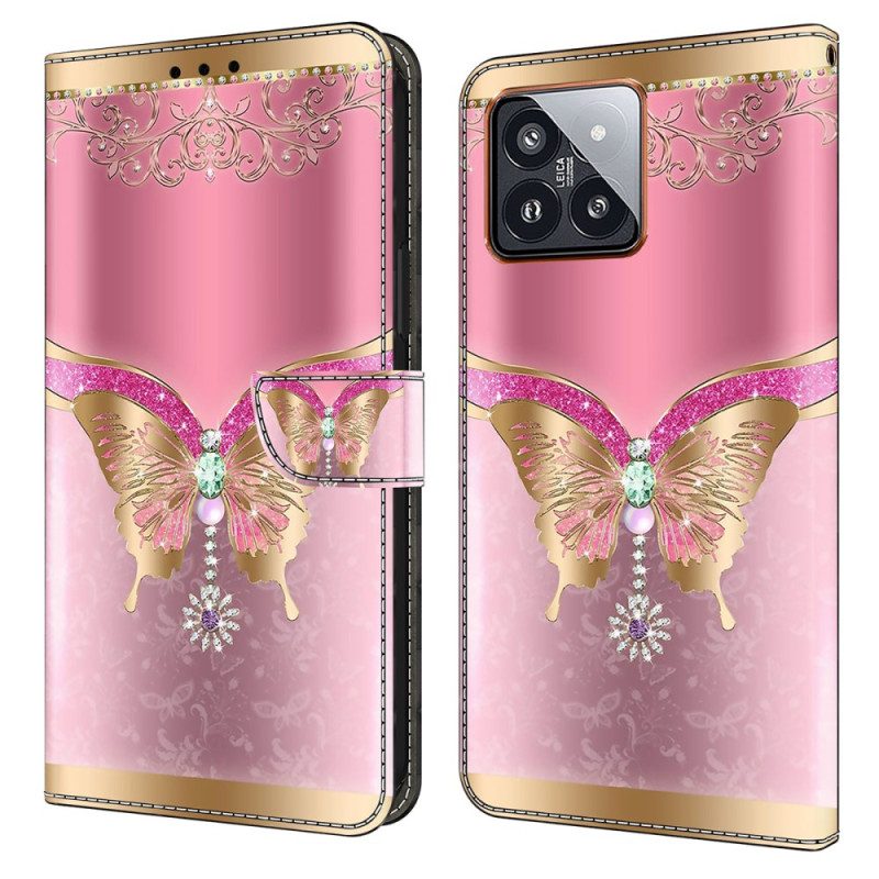 Folio-hoesje Xiaomi 14 Pro Roze En Gouden Vlinder