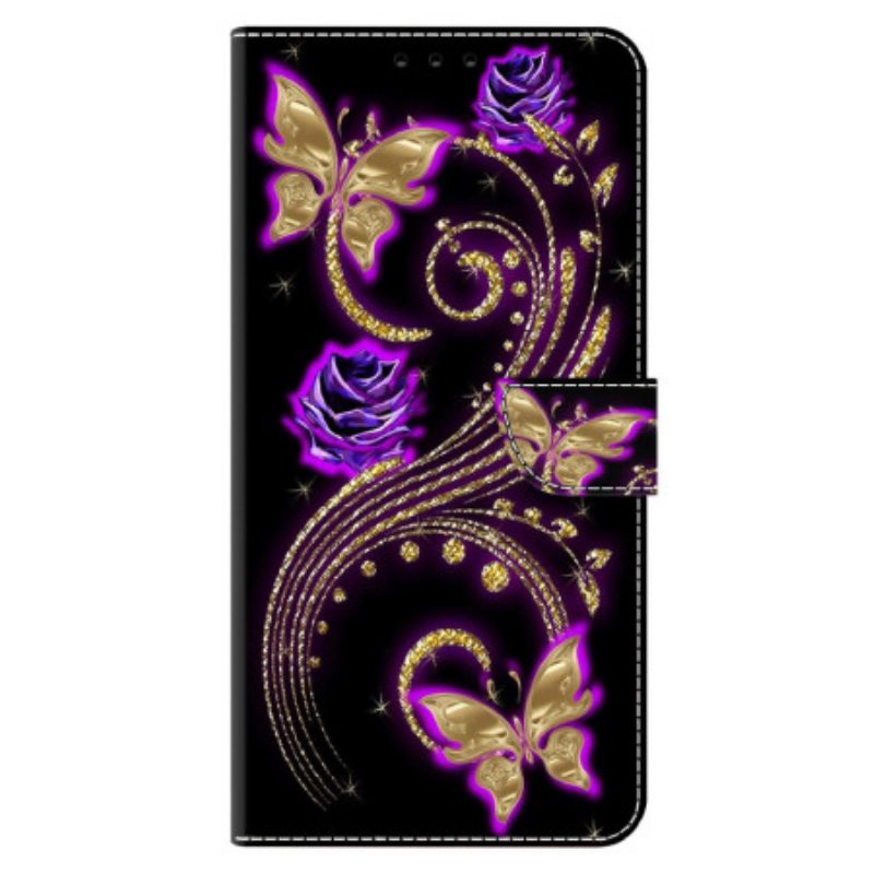 Leren Hoesje Voor Xiaomi 14 Pro Violette Bloemen En Vlinders