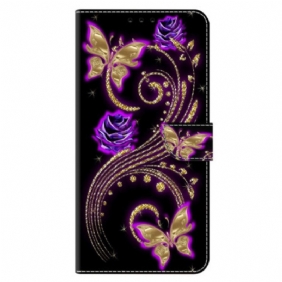 Leren Hoesje Voor Xiaomi 14 Pro Violette Bloemen En Vlinders