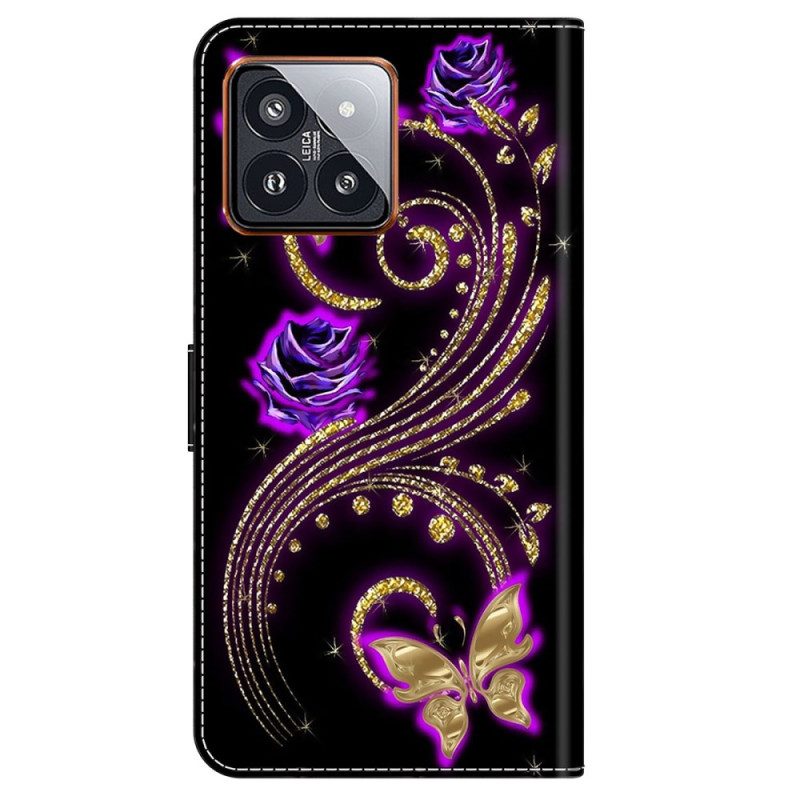 Leren Hoesje Voor Xiaomi 14 Pro Violette Bloemen En Vlinders