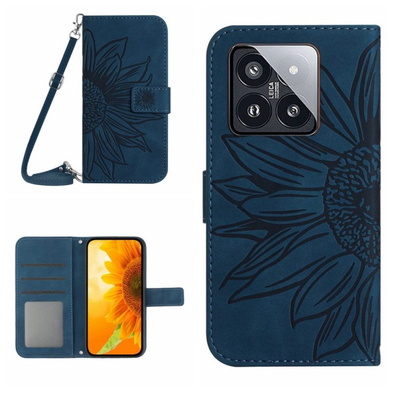 Leren Hoesje Voor Xiaomi 14 Pro Zonnebloemprint Met Schouderband