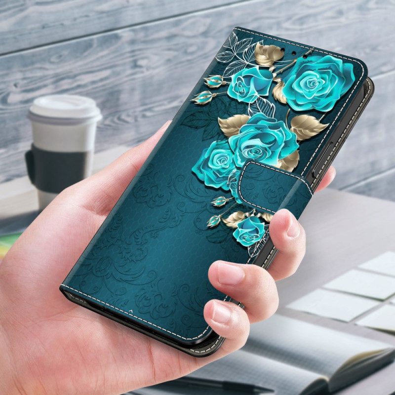 Leren Hoesje Xiaomi 14 Pro Blauwe Rozen Bescherming Hoesje