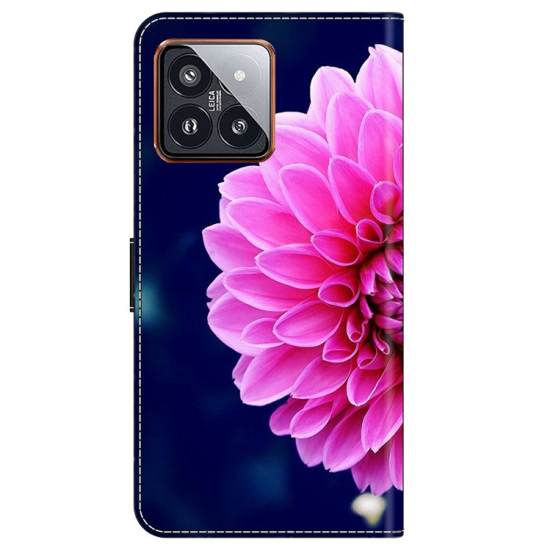 Leren Hoesje Xiaomi 14 Pro Roze Bloem Op Blauwe Achtergrond Bescherming Hoesje