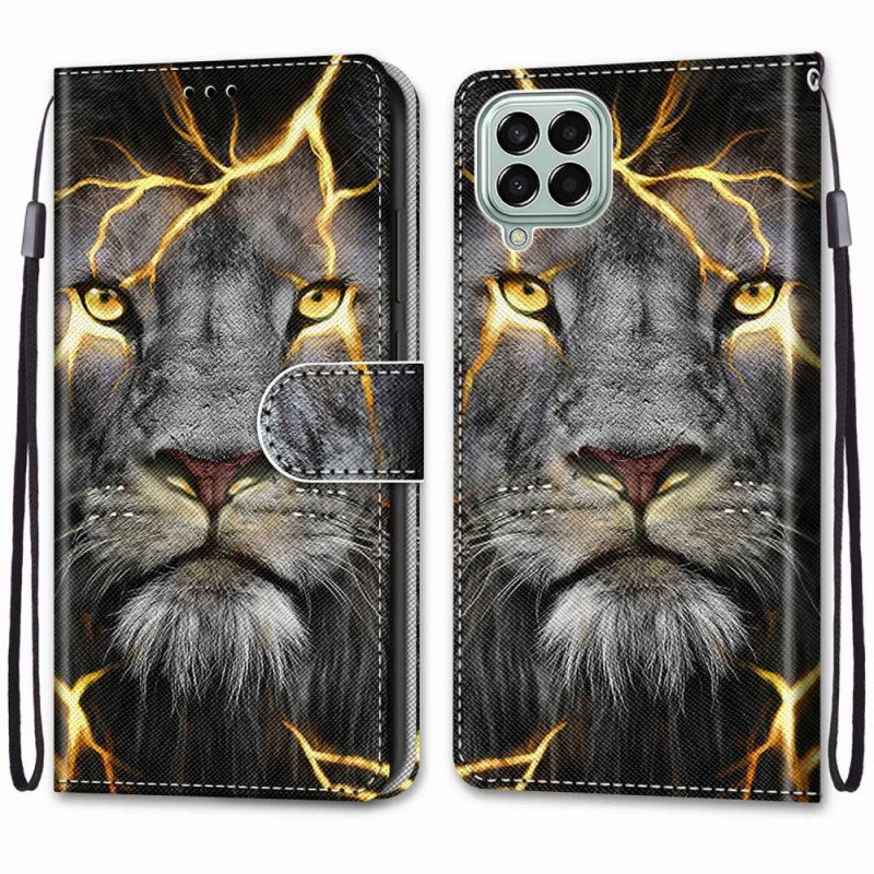 Flip Case voor Samsung Galaxy M53 5G Met Ketting Feline On Fire Met Riem