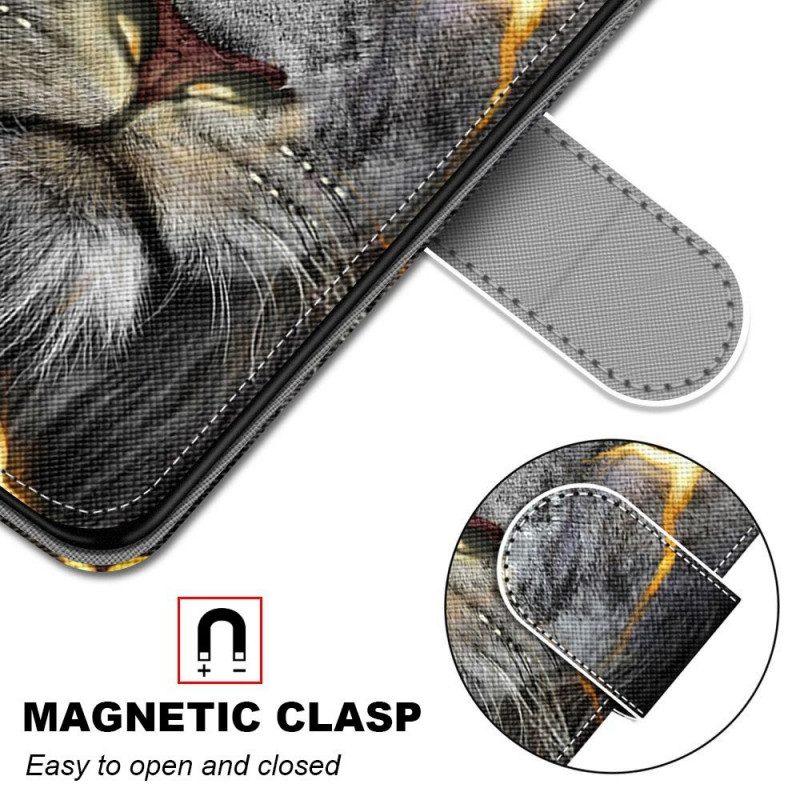 Flip Case voor Samsung Galaxy M53 5G Met Ketting Feline On Fire Met Riem