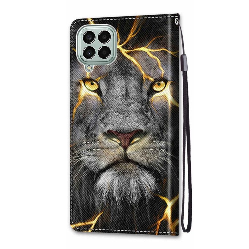 Flip Case voor Samsung Galaxy M53 5G Met Ketting Feline On Fire Met Riem