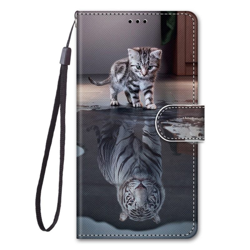 Flip Case voor Samsung Galaxy M53 5G Met Ketting Grijze Kitten Met Riem