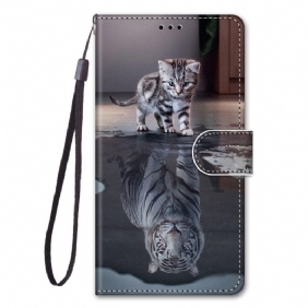 Flip Case voor Samsung Galaxy M53 5G Met Ketting Grijze Kitten Met Riem