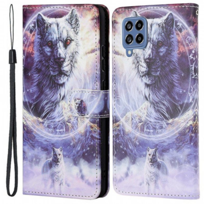 Folio-hoesje voor Samsung Galaxy M53 5G Met Ketting Lanyard Wolf