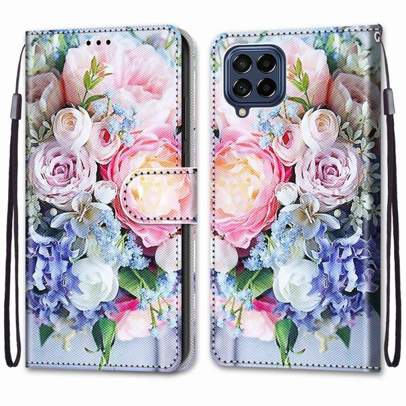 Leren Hoesje voor Samsung Galaxy M53 5G Bloemen Met Koord