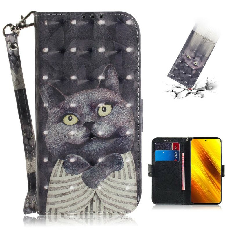 Flip Case voor Poco X3 / X3 Pro / X3 NFC Met Ketting Grijze Kat Met Riem