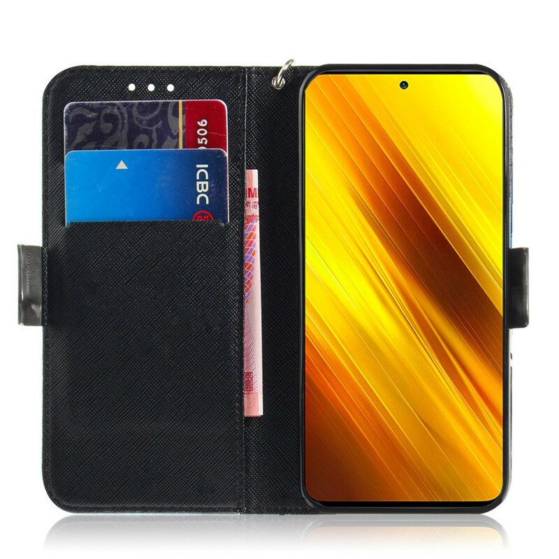 Flip Case voor Poco X3 / X3 Pro / X3 NFC Met Ketting Grijze Kat Met Riem