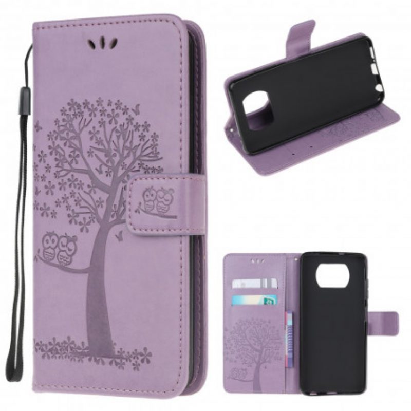 Folio-hoesje voor Poco X3 / X3 Pro / X3 NFC Met Ketting String Boom En Uilen