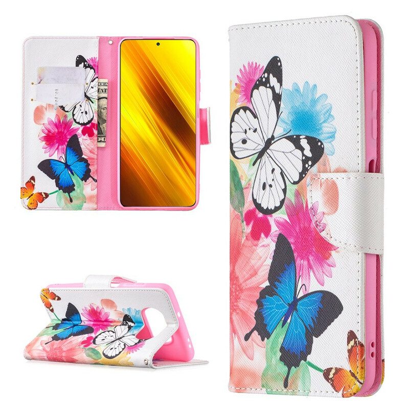 Leren Hoesje voor Poco X3 / X3 Pro / X3 NFC Geschilderde Vlinders En Bloemen