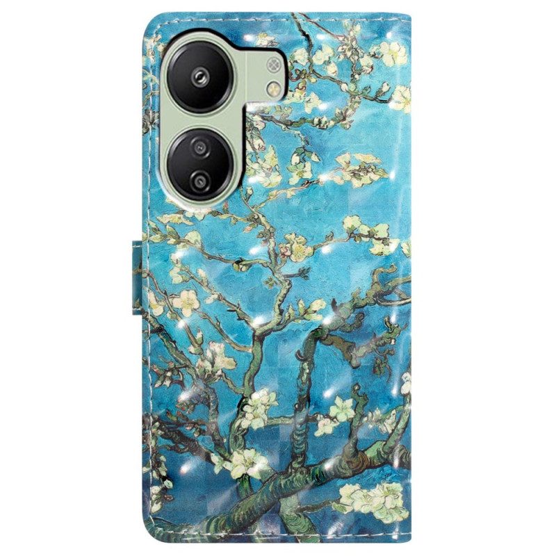 Flip Case Leren Poco C65 Abrikozenbloemen Met Riempje