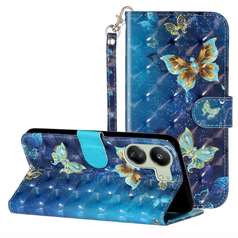 Flip Case Leren Poco C65 Blauwgouden Vlinders Met Riem