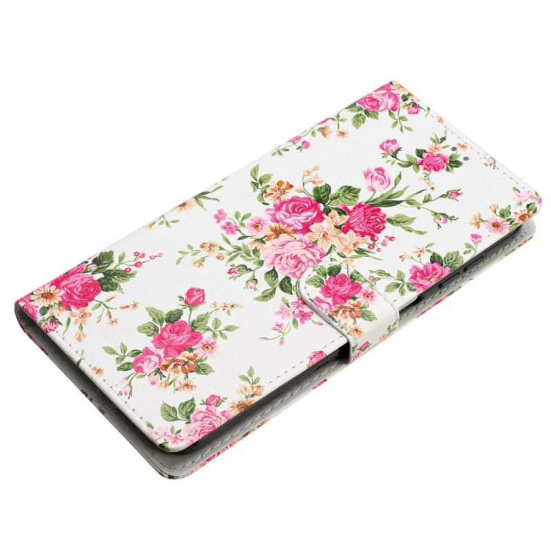 Flip Case Leren Poco C65 Rode Bloemen Met Riem