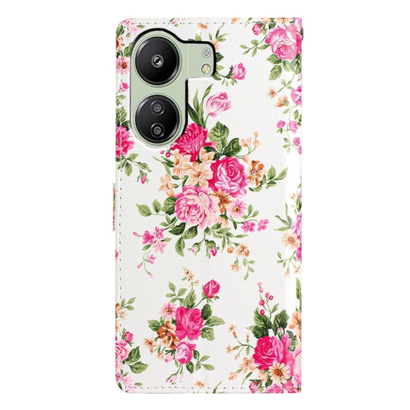 Flip Case Leren Poco C65 Rode Bloemen Met Riem