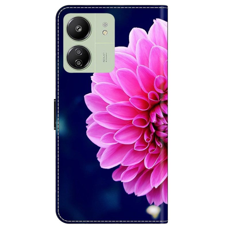 Flip Case Leren Poco C65 Roze Bloemen Op Blauwe Achtergrond