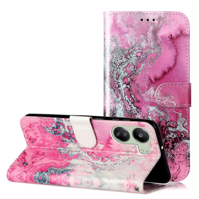 Flip Case Leren Poco C65 Roze En Grijs Marmer