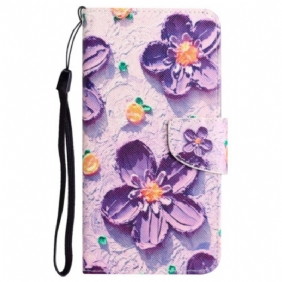 Folio-hoesje Poco C65 Paarse Bloemen Met Riempje