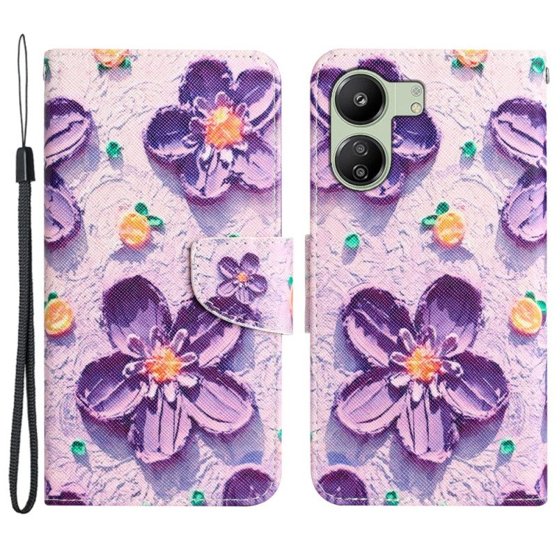 Folio-hoesje Poco C65 Paarse Bloemen Met Riempje