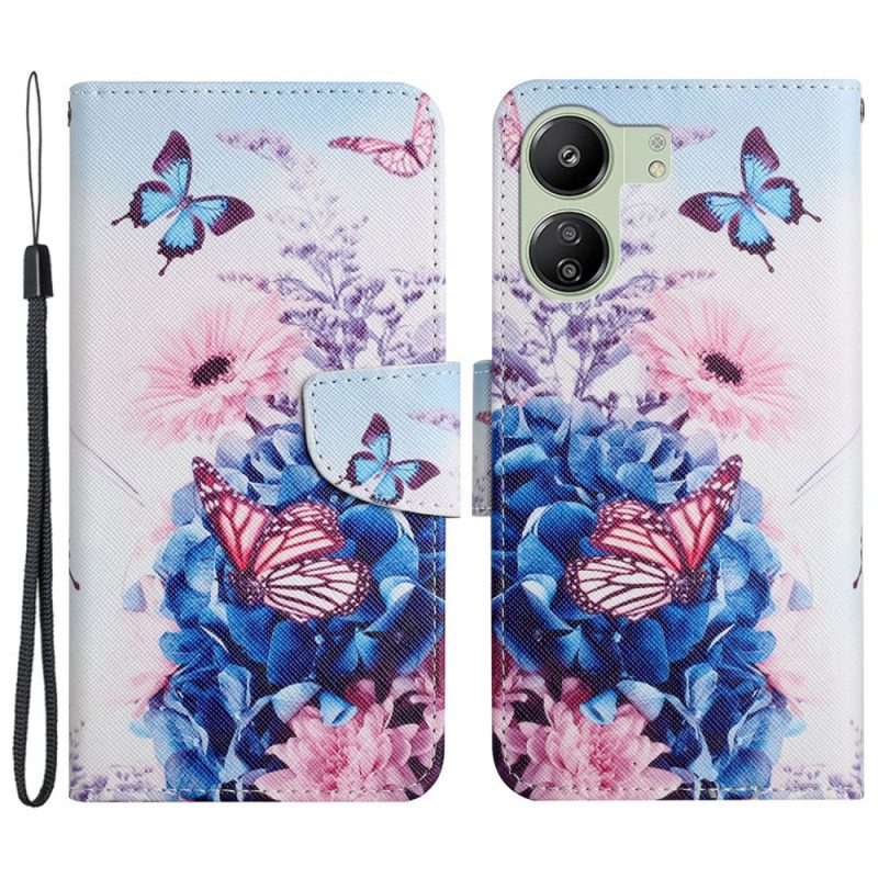 Folio-hoesje Poco C65 Telefoonhoesje Paarse Vlinders Met Riem