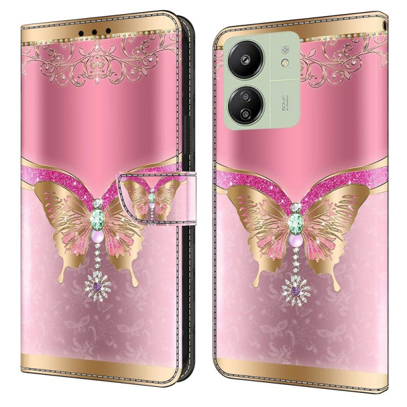 Folio-hoesje Poco C65 Telefoonhoesje Roze En Gouden Vlinder