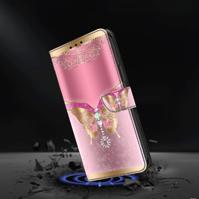 Folio-hoesje Poco C65 Telefoonhoesje Roze En Gouden Vlinder