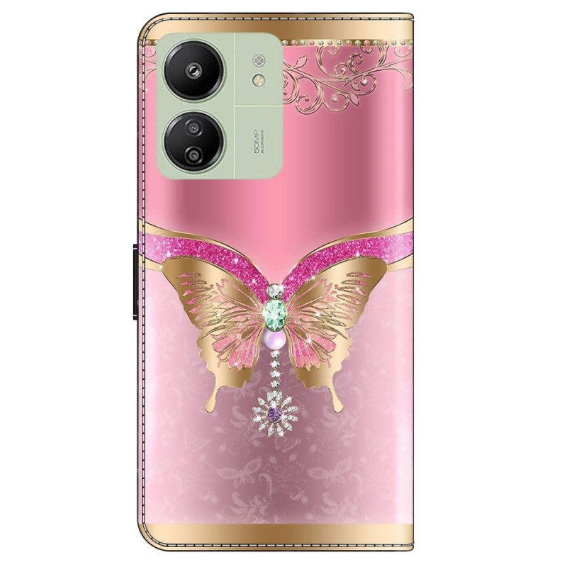 Folio-hoesje Poco C65 Telefoonhoesje Roze En Gouden Vlinder