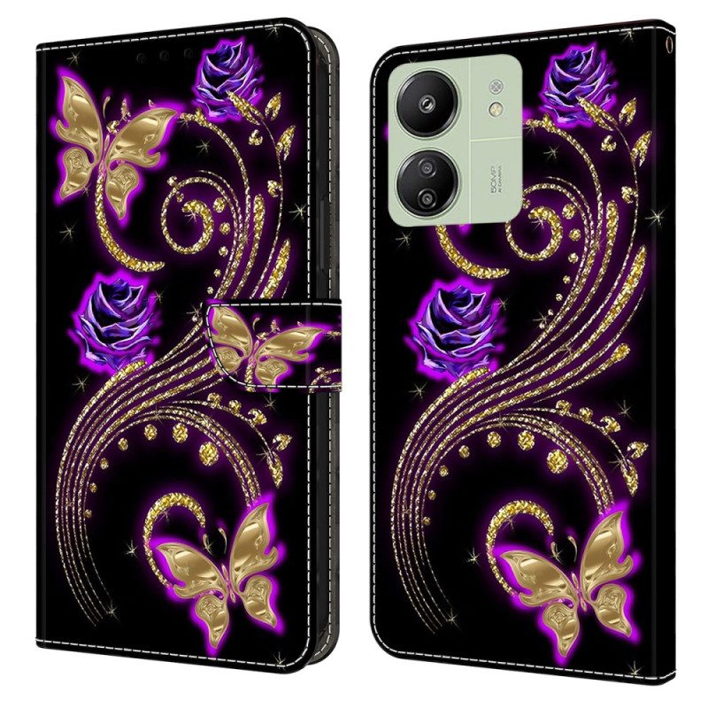 Leren Hoesje Poco C65 Paarse Bloemen En Vlinders Bescherming Hoesje