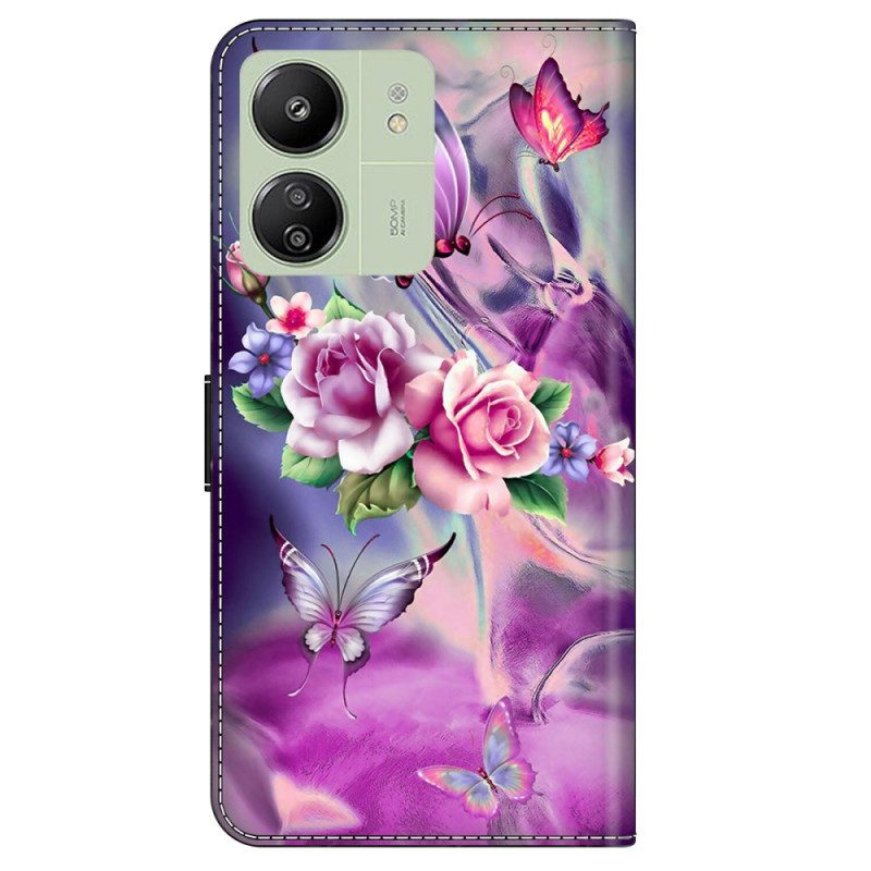 Leren Hoesje Poco C65 Vlinders En Violette Bloemen