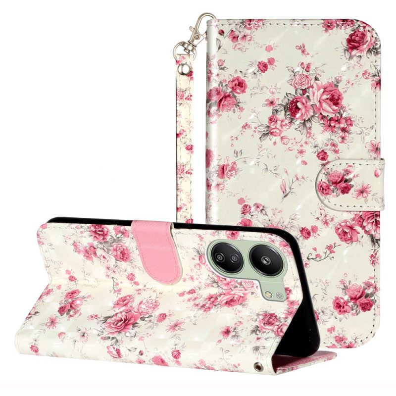 Leren Hoesje Voor Poco C65 Roze Bloemen Met Riem