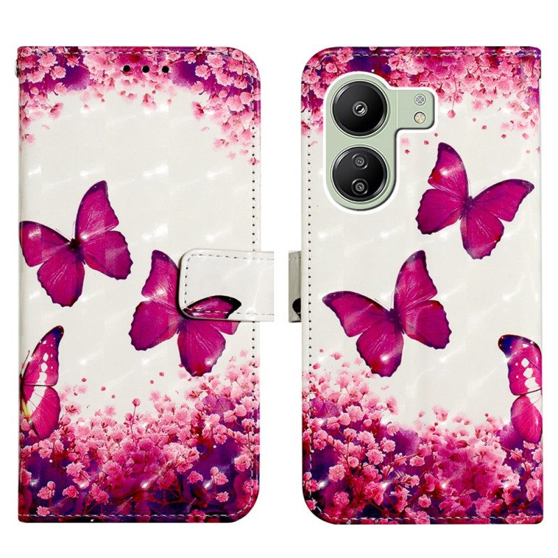 Leren Hoesje Voor Poco C65 Roze Vlinders