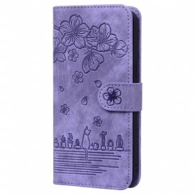 Leren Hoesje voor Poco F4 GT Met Ketting Bloemen String Kat