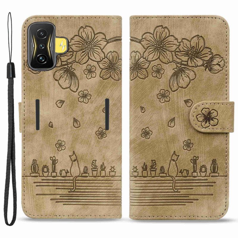 Leren Hoesje voor Poco F4 GT Met Ketting Bloemen String Kat