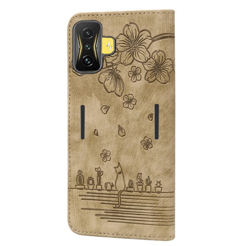 Leren Hoesje voor Poco F4 GT Met Ketting Bloemen String Kat