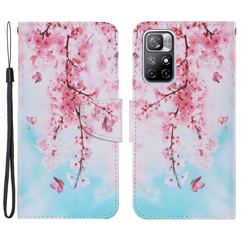 Folio-hoesje voor Xiaomi Redmi Note 11 Pro Plus 5G Met Ketting Rode Takken Met Riem