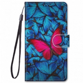 Folio-hoesje voor Xiaomi Redmi Note 11 Pro Plus 5G Rode Vlinder Blauwe Achtergrond