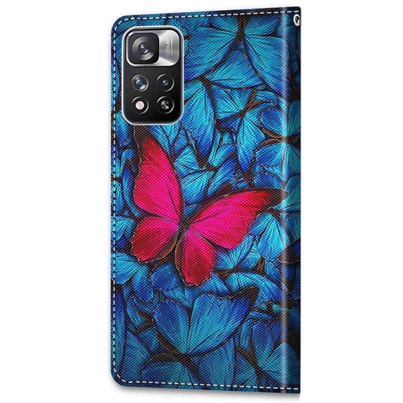 Folio-hoesje voor Xiaomi Redmi Note 11 Pro Plus 5G Rode Vlinder Blauwe Achtergrond