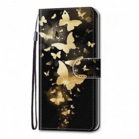 Leren Hoesje voor Xiaomi Redmi Note 11 Pro Plus 5G Met Ketting Gouden Vlinders Met Riem